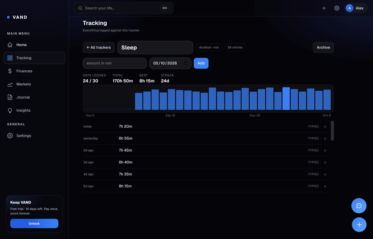 VAND tracker detail: 30-day chart and every entry for Sleep, with sample data