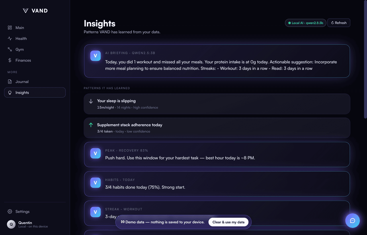 VAND Insights screen using demo data and a local AI model